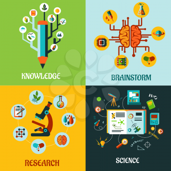 Research, science, knowledge and brainstorm flat concepts with different icons or symbols