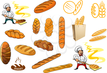 Cartooned bakers holding bakery and different baguettes and bread isolated on white background