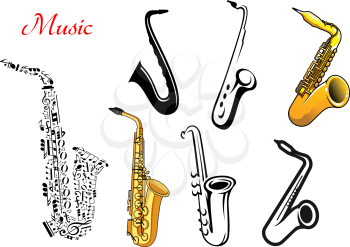 Cartoon saxophone music instruments isolated on white, one with musical notes