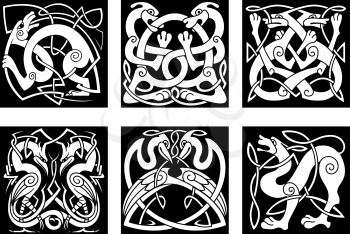 Dogs, wolves, storks and herons in celtic ornament style for medieval or tattoo design