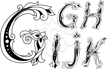 Letters G, H, I, J and K in retro floral style for vintage medieval design