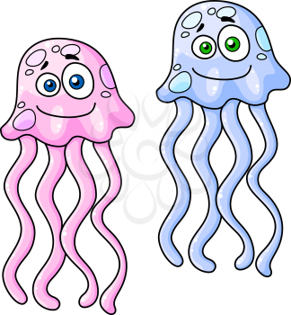 Cartoon pink and blue jellyfish characters with smiling faces