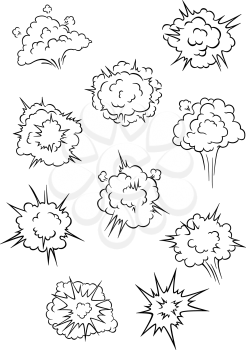 Assorted cartoon explosion effects and clouds on white background for comics design