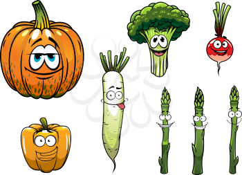 Broccoli, asparagus, radish,pumpkin and pepper cartoon vegetables characters for vegetarian food or cooking design