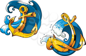 Colored cartoon ship anchors on sea water waves for tattoo, travel or transportation design