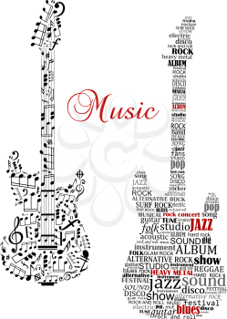 Classic guitars with words and musical notes and text Music for art design