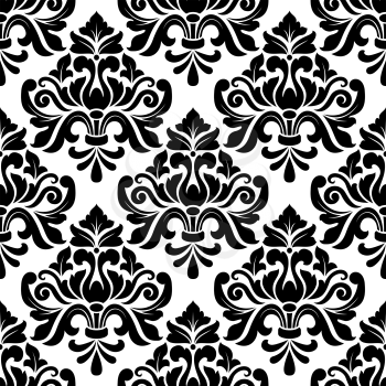 Black and white damask seamless pattern with retro black flowers on white background