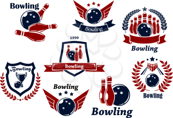 Bowling sports emblems and symbols with ball, ninepins, wings, laurel wreath, trophy cup and decorations