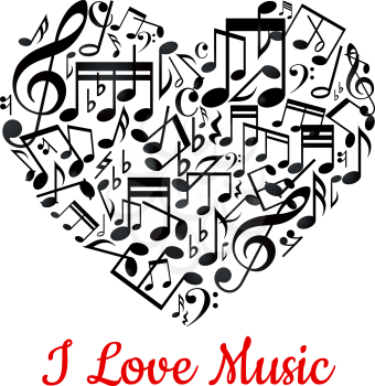 Musical heart with notes ant text I love music