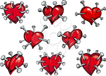 Red hearts pierced by nails in cartoon style for tattoo or any love concept design