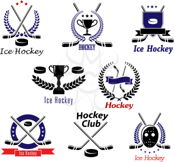 Ice hockey club symbols and emblems with crossed hockey sticks, pucks, mask, trophy cups bordered laurel wreaths, stars, shield and ribbon banners for hockey team logo or club attributes design