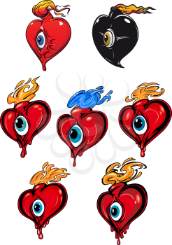 Cartoon red and black hearts with eye and fire flames for love, tattoo and religion concept design