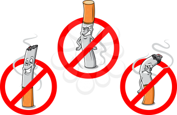 Cartoon cigarettes with red no smoking signs for public prohibitory warnings and healthcare design