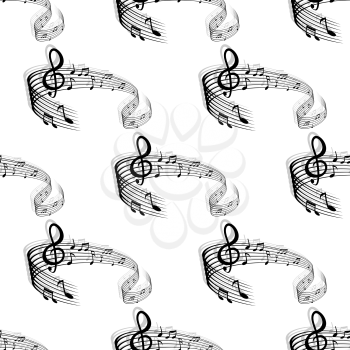 Seamless musical background with abstract repeated motif of curved stave, treble clef and notes for page fill and art design