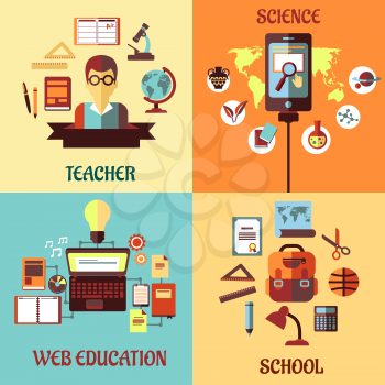 Education flat concept designs with science mobile applications, school, stationery, web education and teacher in infographic style