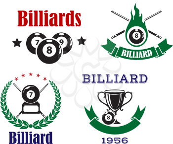 Billiard or pool emblems in traditional colors with crossed cues, billiard balls and trophy cup decorated laurel wreath, ribbon banners and stars for sporting club or competition design
