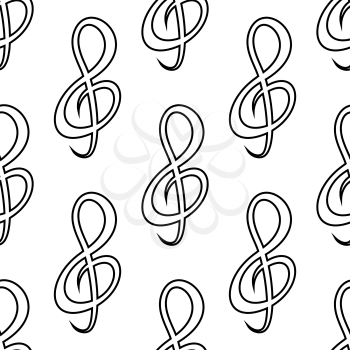 Outline seamless music pattern with repeated decorative treble clef tracery suitable for page fill or wrapping paper design
