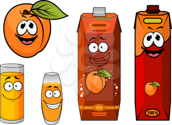 Cartoon apricot juice characters in different design cardboard packaging with orange apricot fruit and filled glasses