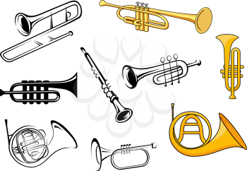 Trumpets, trombone, tuba, clarinet icons in sketch and cartoon style for orchestra and music entertainment poster design