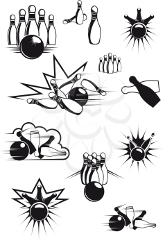 Black and white sports bowling balls and ninepins with motion lines and bang clouds
