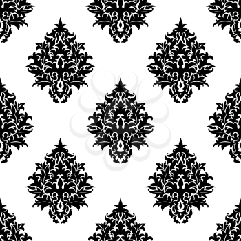 Black and white seamless damask pattern of abstract ornate flowers with bold curlicue petals for textile and wallpaper design