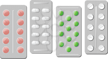Silver blister pack of pink, white and green pills for pharmaceutical advertising and healthcare concept design
