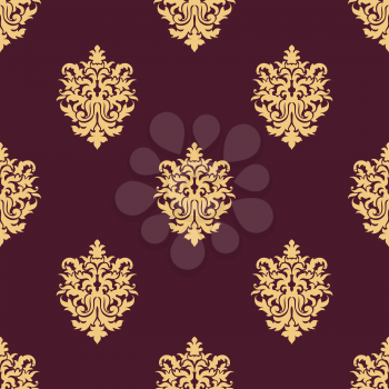 Yellow floral seamless pattern in damask style of sparse flowers with curled leaves and and twirls on maroon background for textile and tapestry design