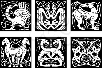 Celtic animals and birds with traditional irish ornament on black background for tattoo or heraldry design