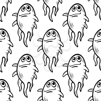 Seamless funny cartoon monsters pattern in doodle sketch style for page fill or halloween decoration design
