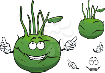Cartooned fresh green vegetable kohlrabi cabbage with cheerful smiling face and stalks for healthy nutrition concept and food design