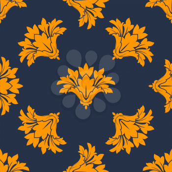 Orange stylised cornflowers seamless pattern on dark blue background for luxury wallpaper or fabric design
