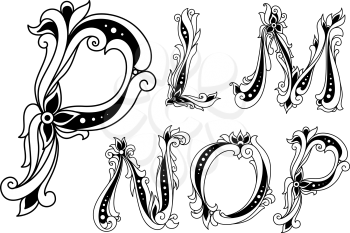 Floral alphabet with capital letters P, L, M, N and O decorated flowers and twirls in outline style for invitation, history or book design