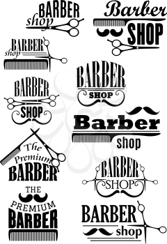 Barber shop black emblems and logo with lush and curled mustache, scissors and combs in retro style for haircut and shave salon design