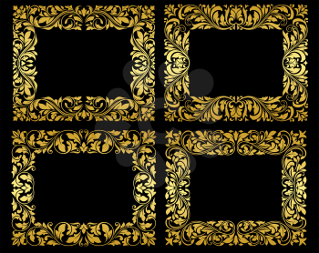 Golden frames in retro style on black background with ornate foliate tracery for romantic and luxury design