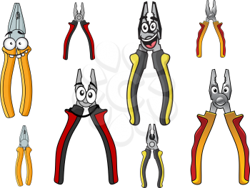 Cartoon opened pliers characters with yellow, red and gray handles and second variant without smiling faces for repair service or maintenance concept design