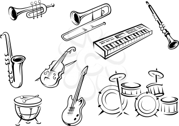 Musical instrument icons in outline style with guitar, violin, trumpets, saxophone, piano and drums for classic orchestra concept design