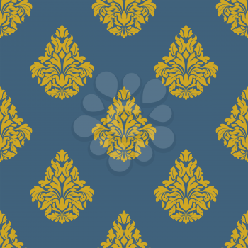 Seamless abstract orange flowers pattern with ornate leaves and bells inflorescences on blue background for upholstery and fabric design
