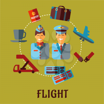 Air traveling infographic in flat style with smiling stewardess and pilot in uniforms surrounded flight pictograms showing passport, suitcase, plane, seat belt, tickets and cup of coffee