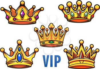 Golden royal crowns in cartoon style ornate decorated colorful jewels with blue caption VIP for heraldic, royal or coat of arms design