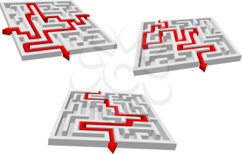 Abstract mazes or labyrinths with red arrows showing variants of brainteaser solutions for business success strategy design