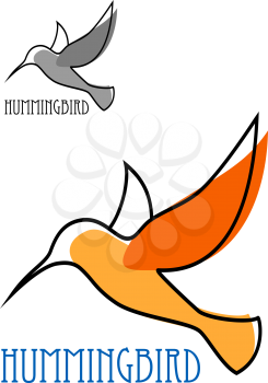 Abstract outline sketch of flying hummingbird with orange plumage and blue caption Hummingbird above them smaller duplicate in gray tones for logo or emblem design