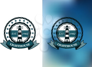 Round nautical emblem or badge of vintage lighthouse with light beams encircled stars, rope and ribbon banner on white and blue blurred backgrounds