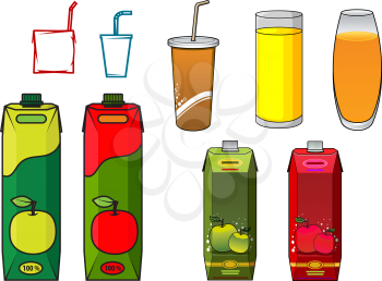 Cartoon apple juice design elements with green and red packages, juice glasses and disposable cardboard cups with straws