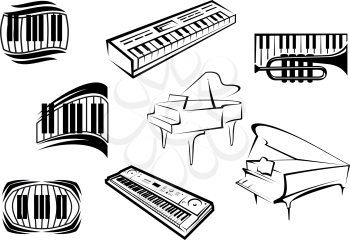 Piano musical outline icons and symbols with piano keyboards, grand pianos, synthesizers and trumpet suitable for classical and jazz music concept design