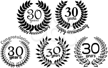 Greeting anniversary heraldic laurel wreathes with wishes and congratulations in black and white colors for invitation and celebration party of  30 years design