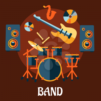 Musical band flat concept with drum set, electric guitar, drum sticks, saxophone, vinyl and speakers on brown background