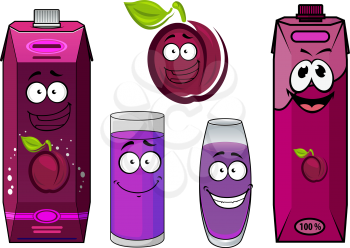 Plum juice cartoon characters with happy violet plum fruit, cardboard packs of juice and glasses suited for food pack design