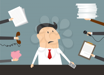 Worried cartoon businessman with smartphone in hand has a lot of of task and paperwork suitable for time management business concept design, flat style