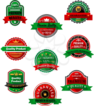 Premium quality guarantee flat labels in red and green colors with ribbon banners, stars, crowns and long shadows for promotion and advertising design