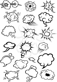 Cartoon speech bubbles and explosion clouds in comics style with motion trails and lightnings for comic book expression and dialog design